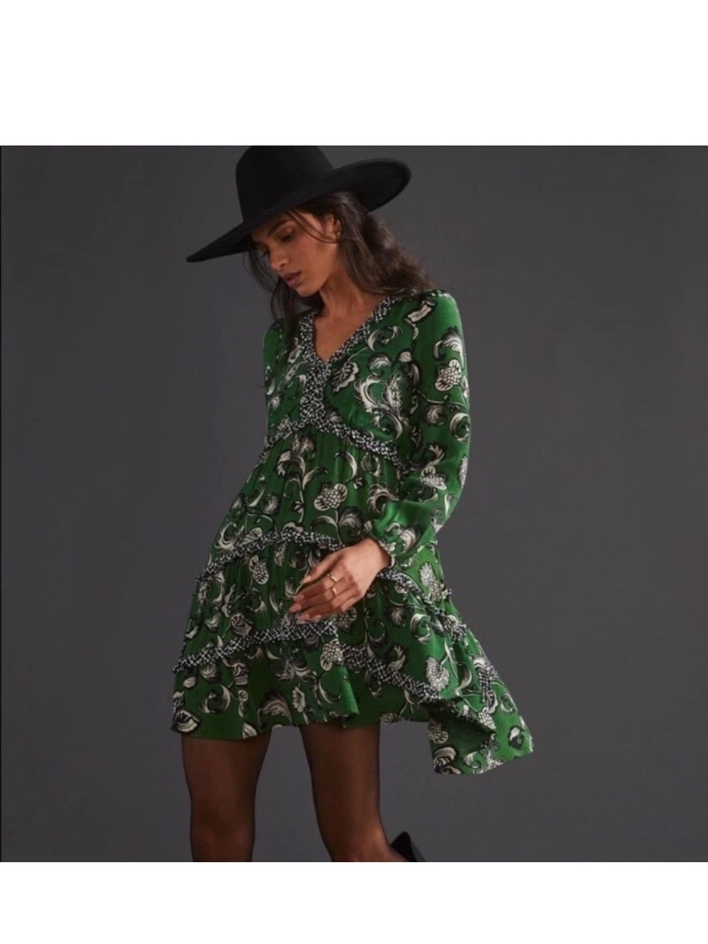 By Anthropologie Green Floral Flowy Boho Tiered Dress Womens S